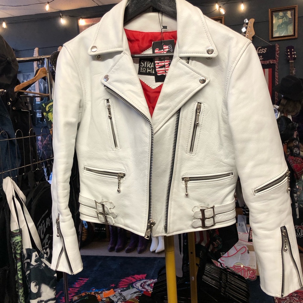Straight to hell defector White Leather Biker Jacket size 30